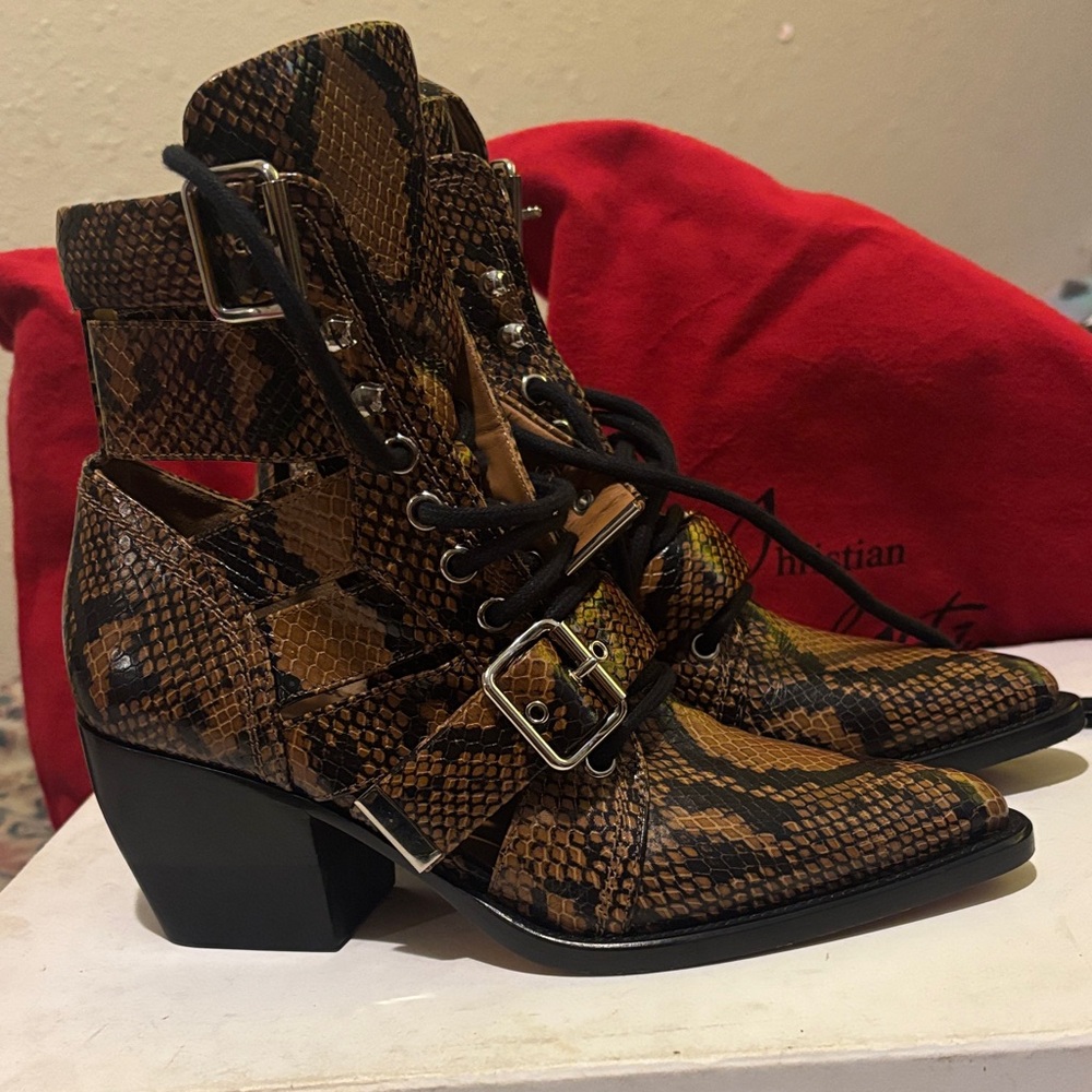 Chloe light tan Snake Print Lace Up Boots